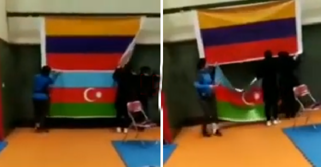Bayrağımızın erməni bayrağı altında asıldığını görən idmançımız baxın nə etdi - VİDEO