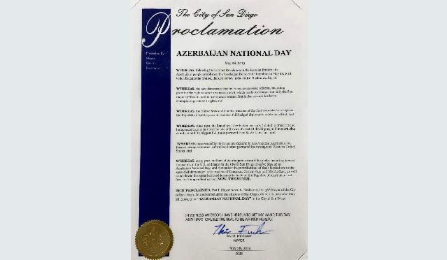 Kaliforniyanın San Dieqo şəhərində 28 may “Azərbaycan Milli Günü” elan edilib